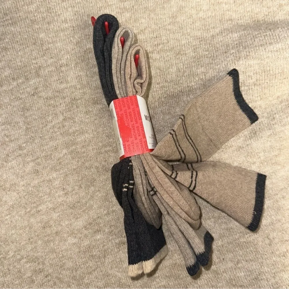 MK Men’s 3 pack Taupe Heather Gray Tan Ivory Cotton Blend Dress Crew Socks